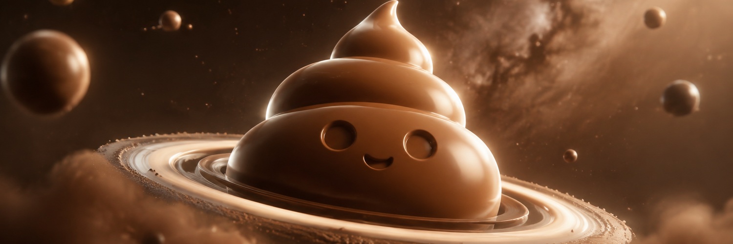 A friendly brown cosmic character floating in a caramel galaxy